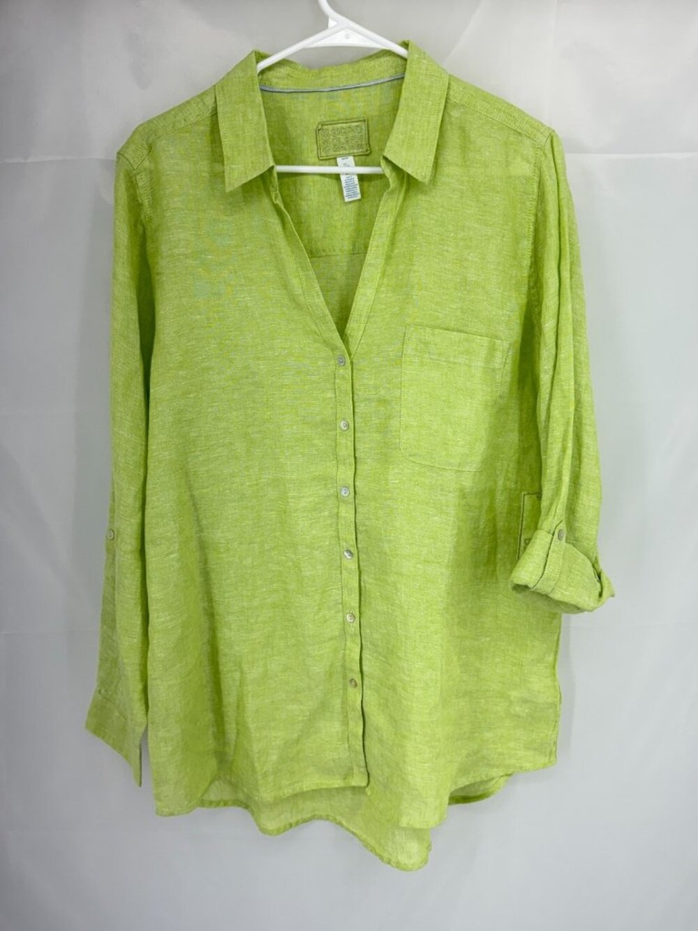 Sigrid Olsen Women L Linen Shirt Green Roll Tab Sleeve Button Up Lightweight NEW